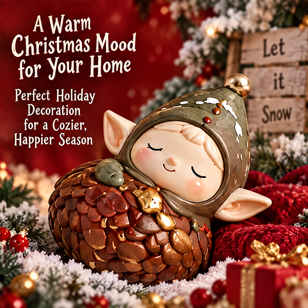 Christmas pinecone elf figurine shown tilted beside red knitted fabric, festive greenery and gifts.