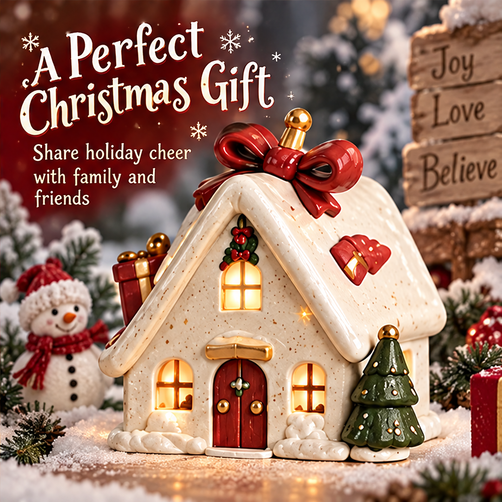 Christmas bow house styled among snowy greenery and wrapped gifts beside a snowman decoration and a festive wooden sign.