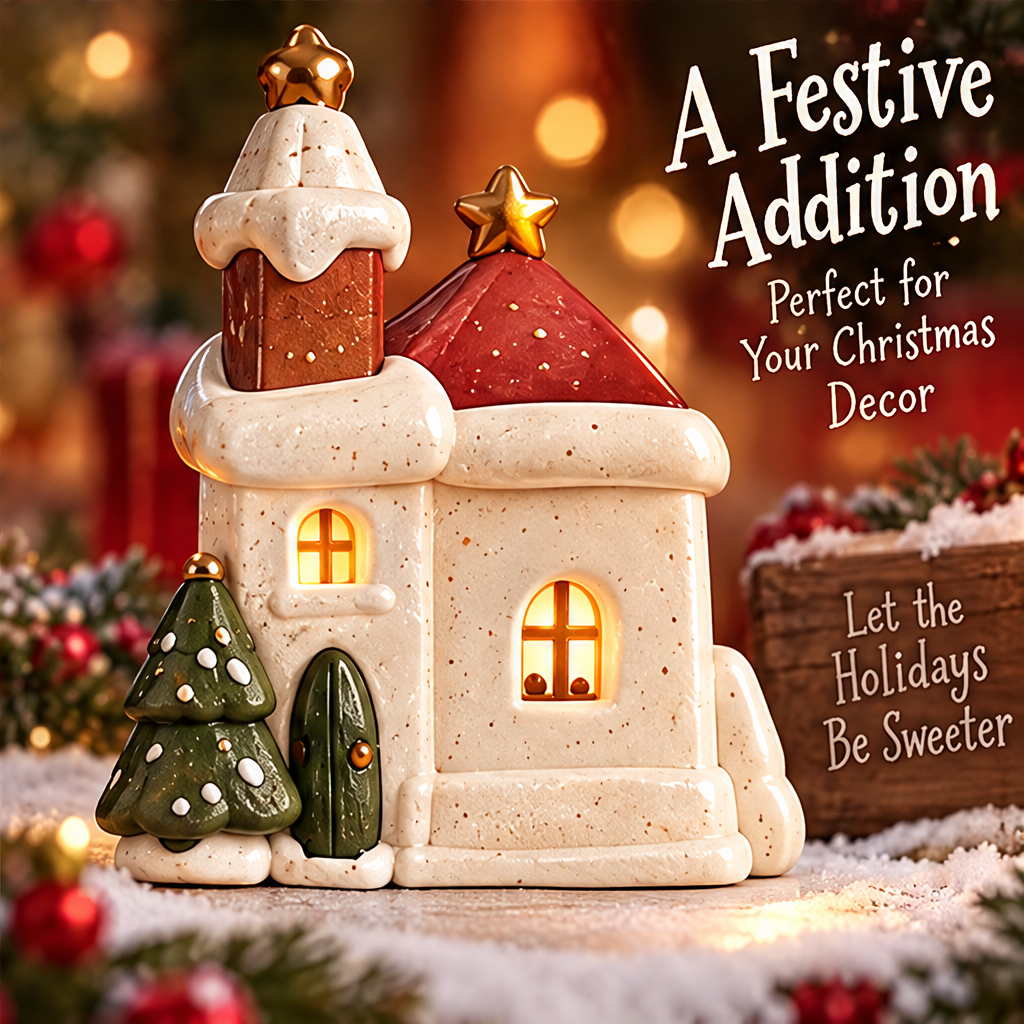 Christmas bakery house with warm glowing windows displayed on a wood slice among festive greenery and gifts.