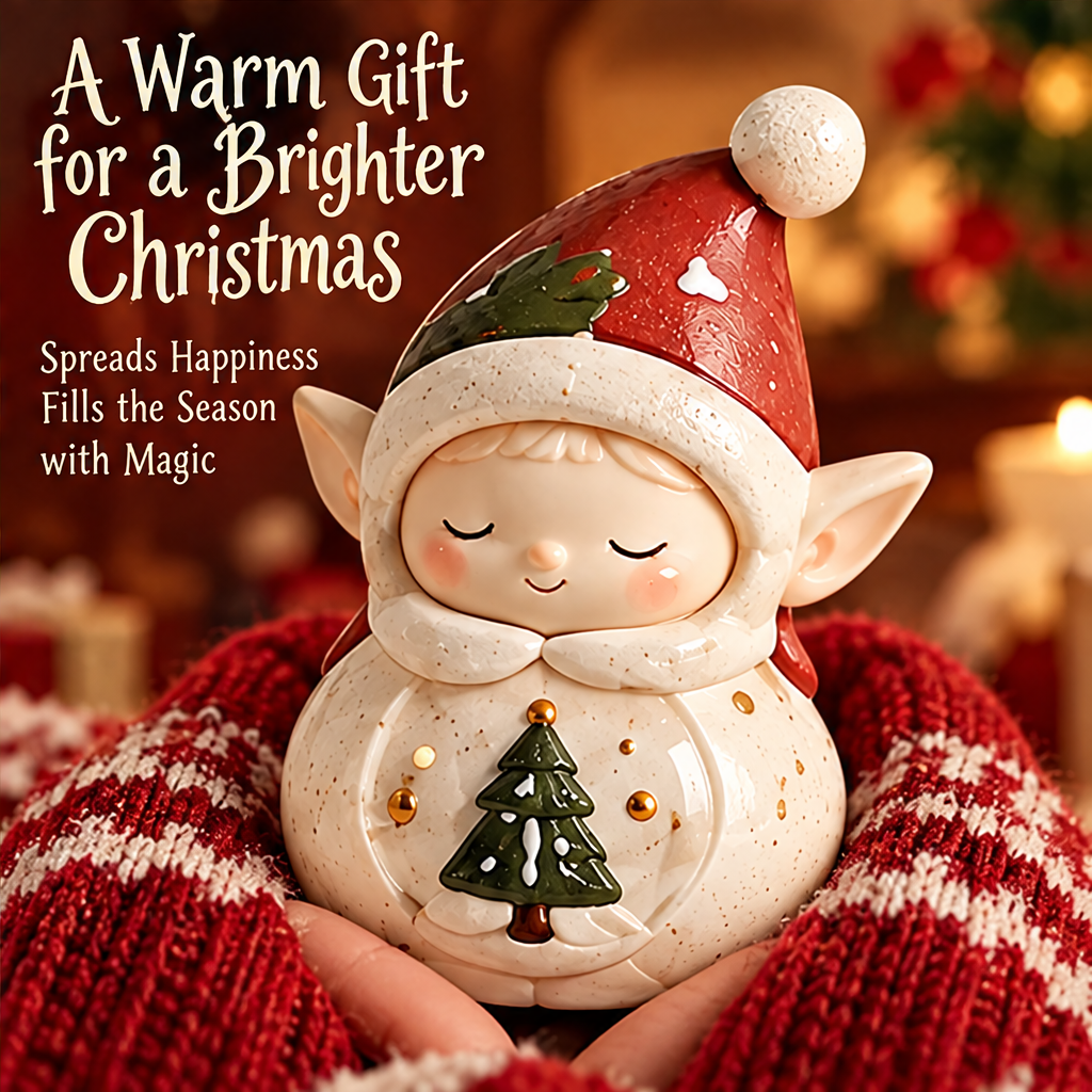 Tree-holding Christmas elf figurine cradled in hands wrapped in red-and-white knitted fabric against a festive background.