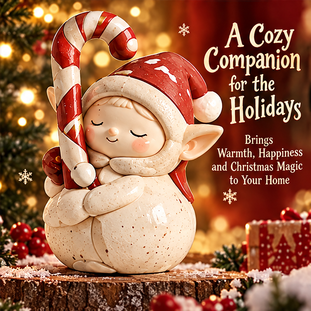 Smiling candy cane elf figurine styled on a wood slice among Christmas greenery, gifts and decorative snow.