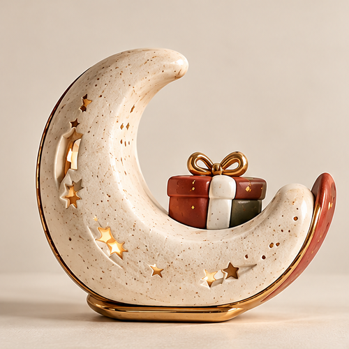 Cream-colored speckled crescent moon Christmas decoration with star cutouts, red edging and a bow-topped gift-box detail on a neutral background.