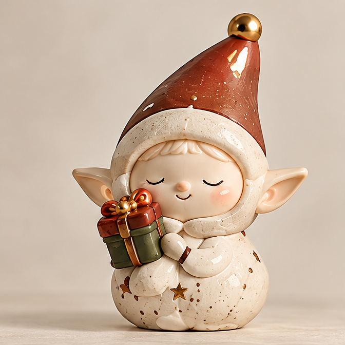 UBRINLY Christmas elf figurine holding a green and red gift, with a tall red hat and speckled cream outfit on a neutral background.