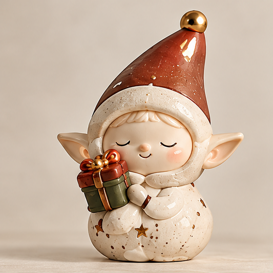 UBRINLY Christmas elf figurine holding a green and red gift, with a tall red hat and speckled cream outfit on a neutral background.