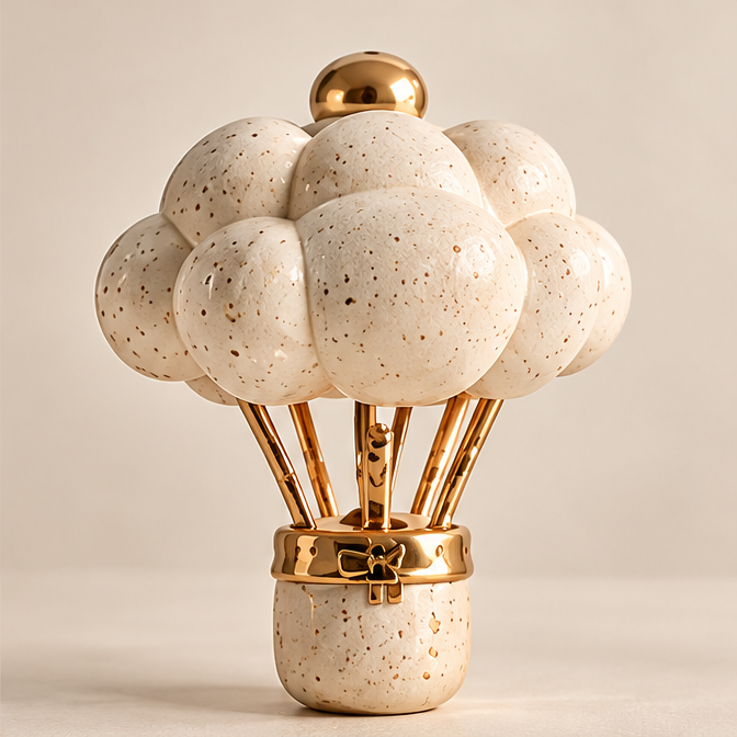 UBRINLY hot air balloon Christmas decoration with speckled cream balloon shapes, gold-tone supports and bow detail against a neutral background.