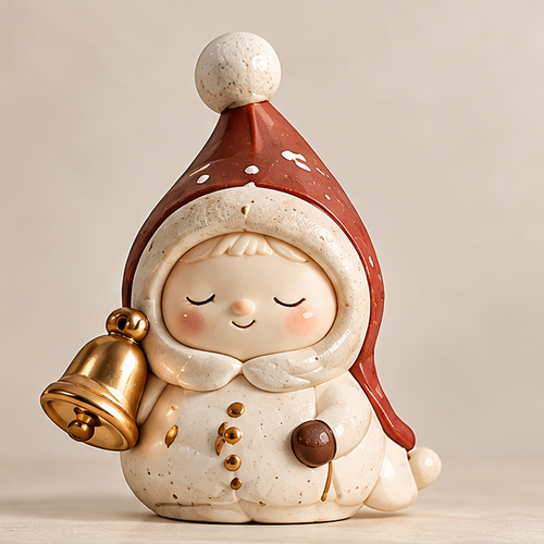 UBRINLY Christmas figurine with a red pom-pom hat, speckled cream outfit and gold-tone bell on a neutral background.