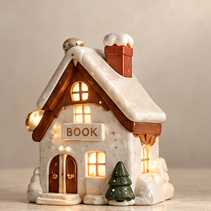 UBRINLY Christmas bookshop house with glowing windows, a snow-inspired roof, red chimney and green tree on a neutral background.