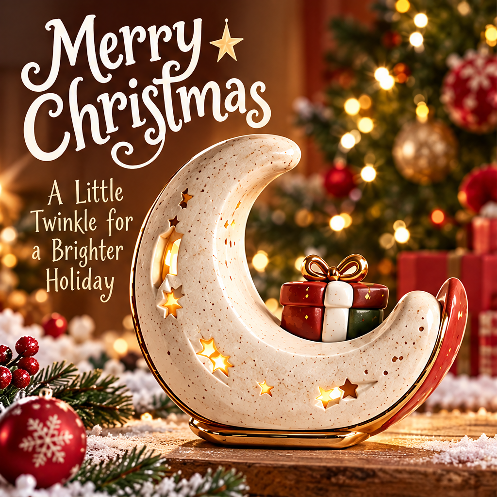 Crescent moon Christmas decoration with illuminated star cutouts displayed beside festive greenery and red ornaments.