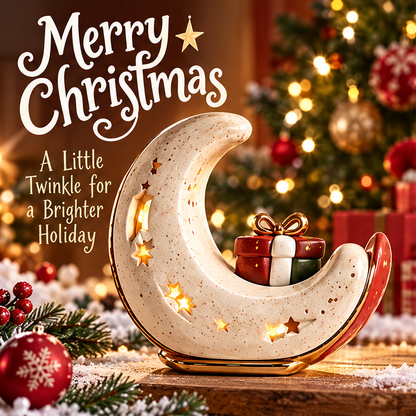 Crescent moon Christmas decoration with illuminated star cutouts displayed beside festive greenery and red ornaments.