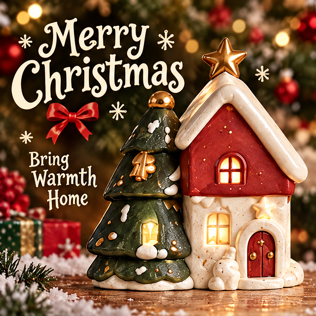 Christmas tree and house LED decoration displayed with greenery and gifts, showing the red door and tiny snowman detail.