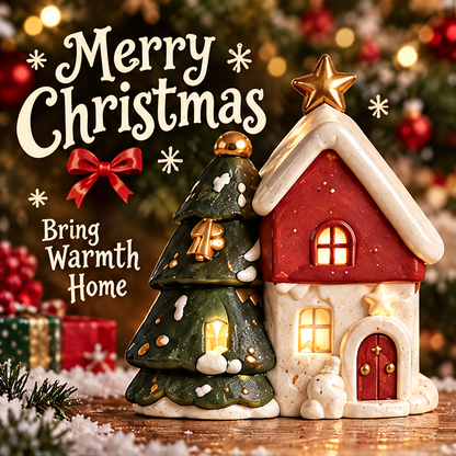 Christmas tree and house LED decoration displayed with greenery and gifts, showing the red door and tiny snowman detail.