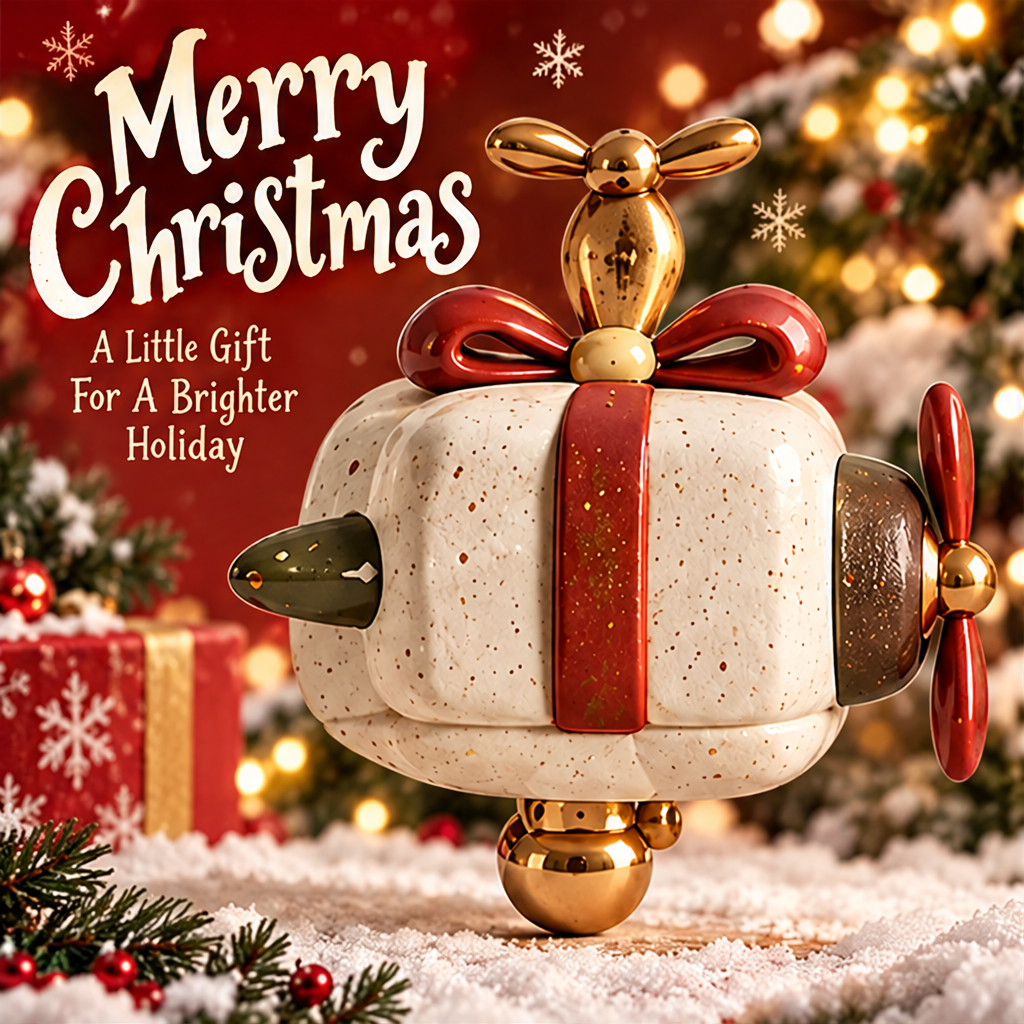 Christmas gift helicopter decoration with red bow and decorative rotors displayed beside greenery and wrapped gifts.