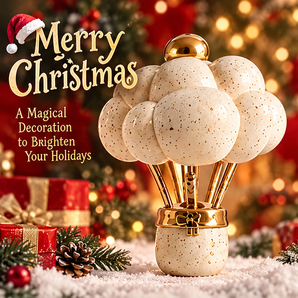Front view of the cream and gold-tone hot air balloon decoration in a Christmas setting with gifts and greenery.