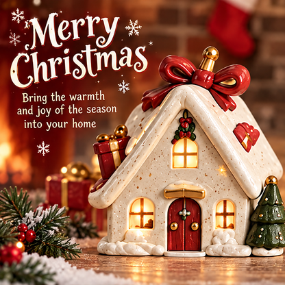Front view of the Christmas bow house with warm illuminated windows, red gift motifs and a wreath above the doorway in a festive setting.