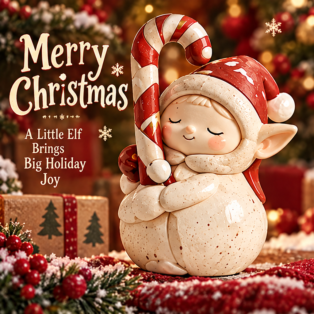 Front view of the candy cane elf figurine displayed beside wrapped gifts and festive greenery.