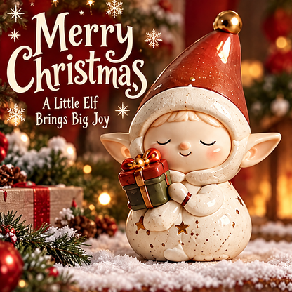 Smiling Christmas elf figurine holding a gift, displayed beside festive greenery and wrapped presents.