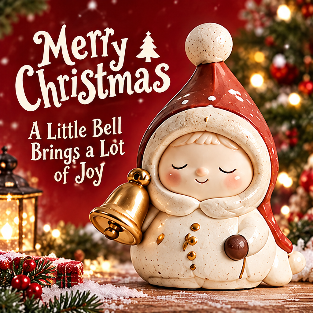 Front view of the smiling Christmas bell figurine styled with festive greenery, gifts and a lantern.