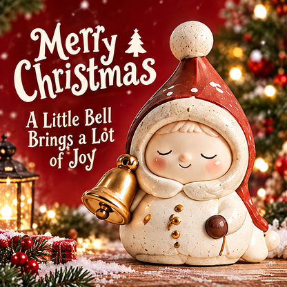 Front view of the smiling Christmas bell figurine styled with festive greenery, gifts and a lantern.