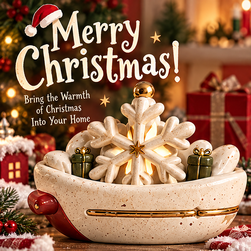 Light-up snowflake centerpiece displayed with Christmas gifts and greenery, showing the warm glow behind the cream snowflake.