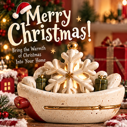 Light-up snowflake centerpiece displayed with Christmas gifts and greenery, showing the warm glow behind the cream snowflake.