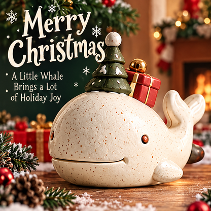 Smiling Christmas whale decoration carrying a green tree and red present, styled with greenery and wrapped gifts.