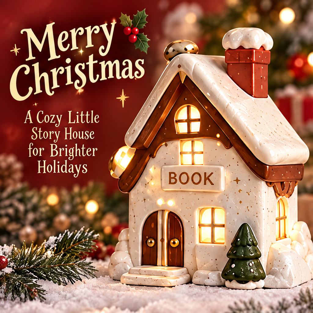 Christmas bookshop house with a BOOK sign and warm illuminated windows displayed among festive gifts and greenery.