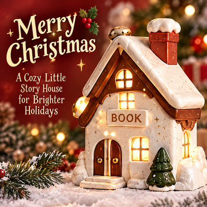 Christmas bookshop house with a BOOK sign and warm illuminated windows displayed among festive gifts and greenery.