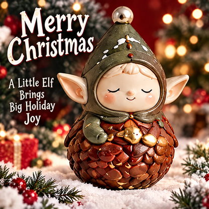 Front view of the smiling Christmas pinecone elf figurine displayed among greenery and wrapped gifts.