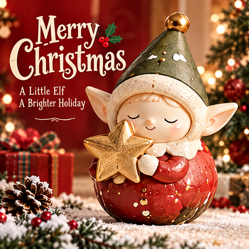 Star-holding Christmas elf figurine displayed upright among snowy greenery, pine cones and wrapped gifts.