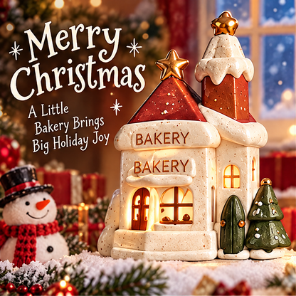 Front view of the Christmas bakery decoration with BAKERY signs, an arched display window and star-topped snowy roofs in a festive setting.