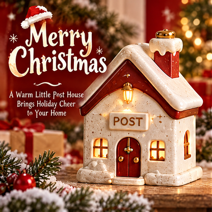 Christmas post office house displayed with festive gifts and greenery, showing its red doorway, POST sign and front lantern detail.