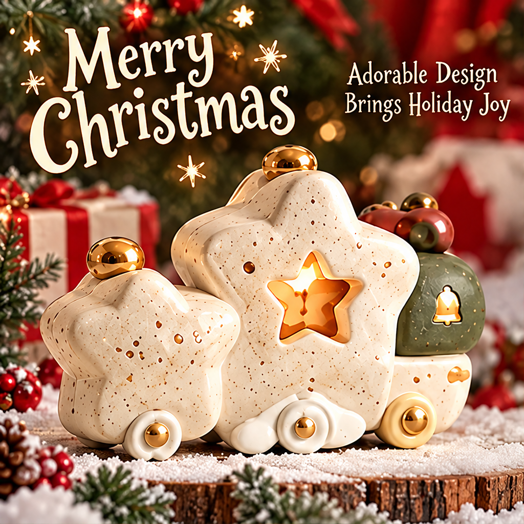Christmas star train decoration with a glowing star-shaped opening, styled with greenery and wrapped gifts.