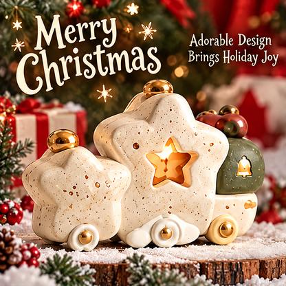 Christmas star train decoration with a glowing star-shaped opening, styled with greenery and wrapped gifts.