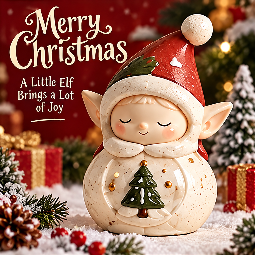 Front view of the tree-holding Christmas elf figurine styled with festive greenery, pine cones and gifts.
