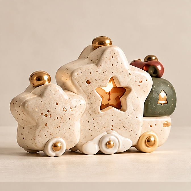 UBRINLY Christmas star train decoration on a neutral background, with cream speckled star carriages, a green engine and gold-tone accents.