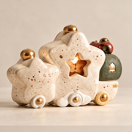 UBRINLY Christmas star train decoration on a neutral background, with cream speckled star carriages, a green engine and gold-tone accents.