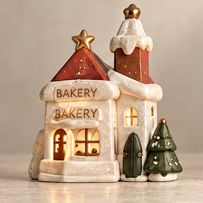 UBRINLY Christmas bakery house with glowing windows, red roofs, gold-tone stars and a green tree on a neutral background.