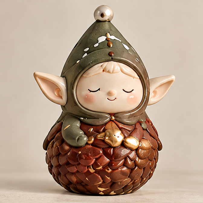 UBRINLY pinecone elf figurine with a green pointed hat, layered brown body and gold-tone accents on a neutral background.
