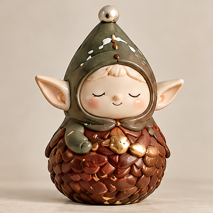 UBRINLY pinecone elf figurine with a green pointed hat, layered brown body and gold-tone accents on a neutral background.