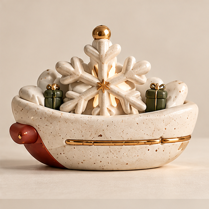 UBRINLY snowflake Christmas centerpiece on a neutral background, with a speckled cream curved base, green gift details and gold-tone accents.