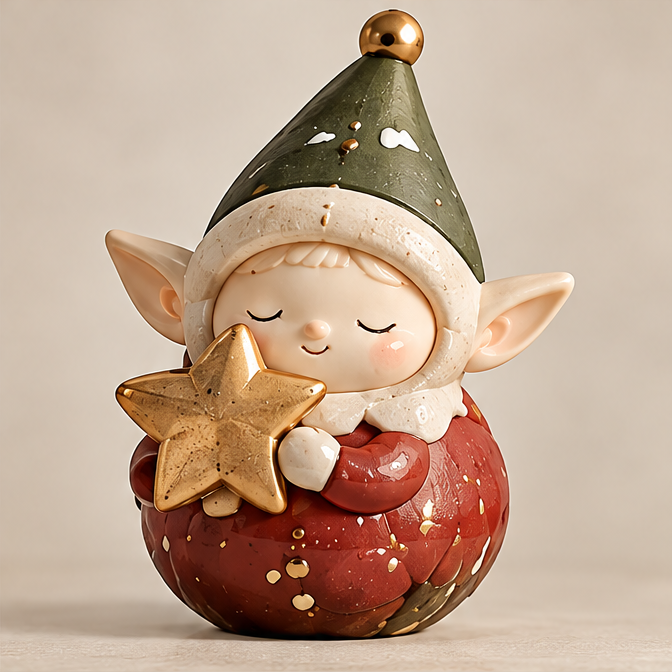 UBRINLY Christmas elf figurine holding a gold-tone star, with a green pointed hat and rounded red outfit on a neutral background.