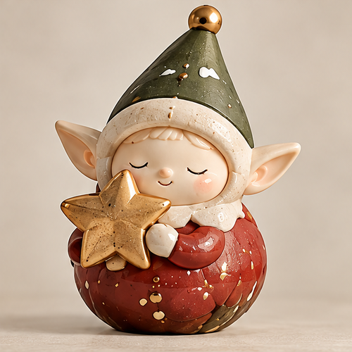 UBRINLY Christmas elf figurine holding a gold-tone star, with a green pointed hat and rounded red outfit on a neutral background.