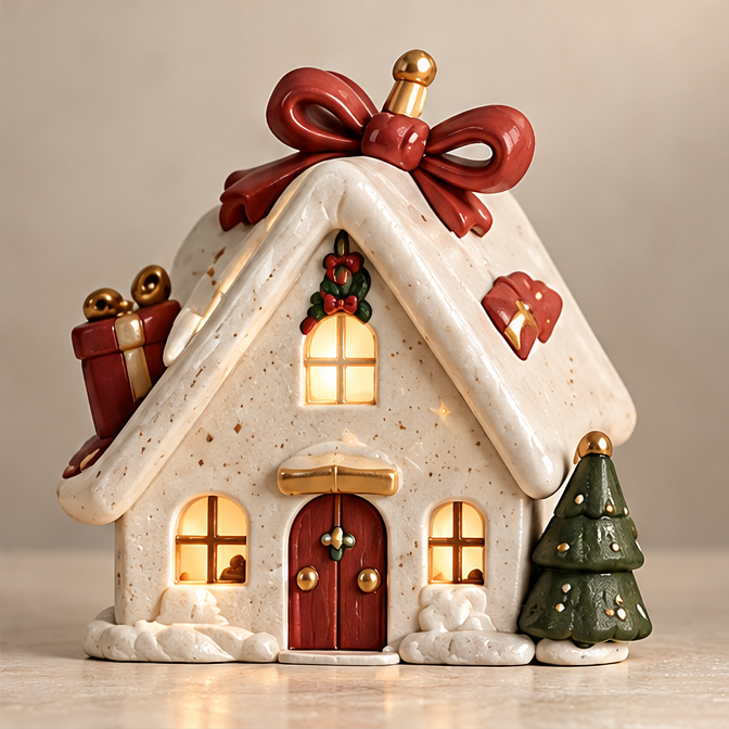 UBRINLY Christmas house decoration with a large red roof bow, glowing windows, red door and green tree on a neutral background.