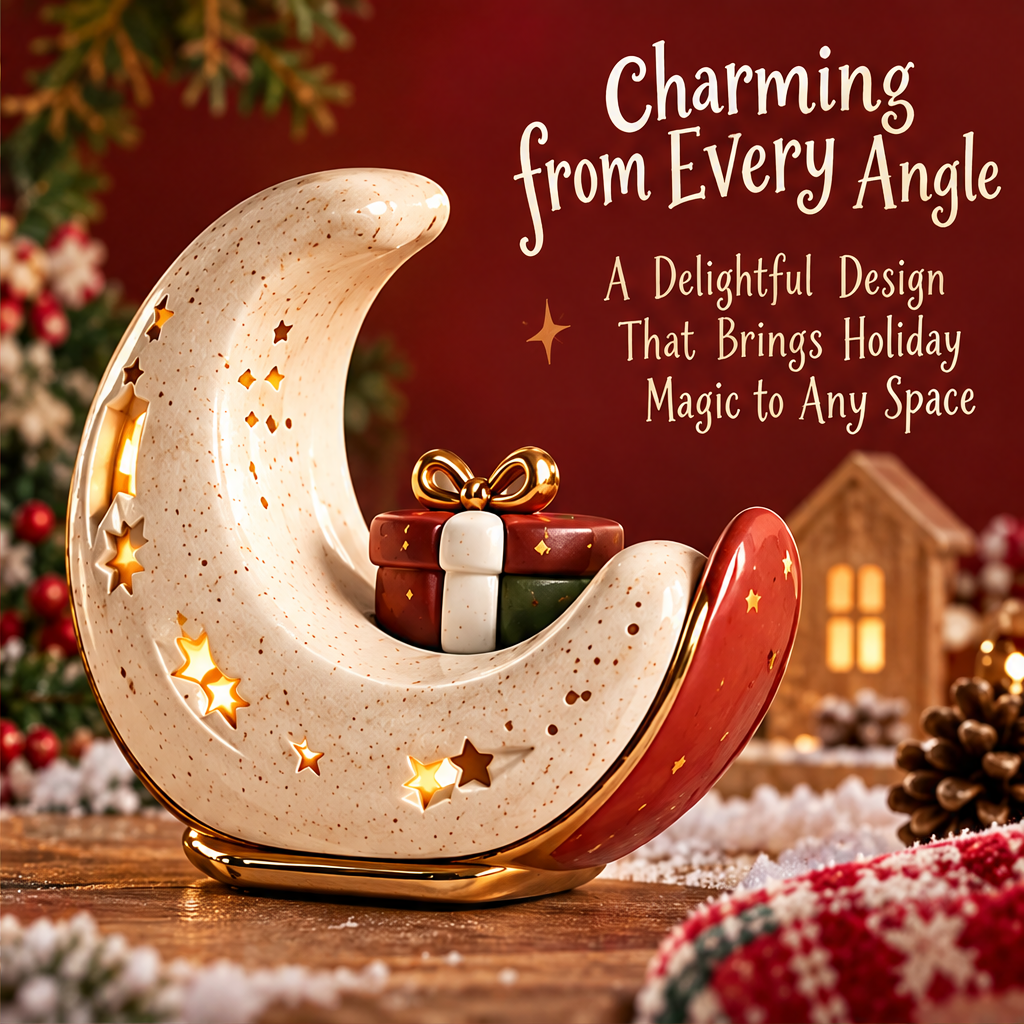 Angled view of the crescent moon decoration showing the red outer curve, gold-tone trim and gift-box detail.