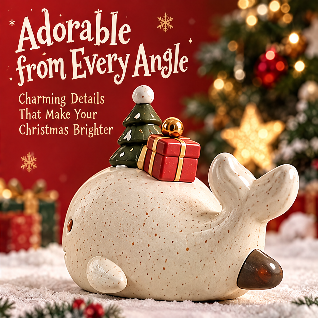 Side and rear view of the Christmas whale decoration showing its raised tail, fin and tree and gift motifs.