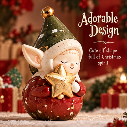 Angled view of the Christmas elf showing pointed ears, closed eyes, a gold-tone star and speckled cream collar.