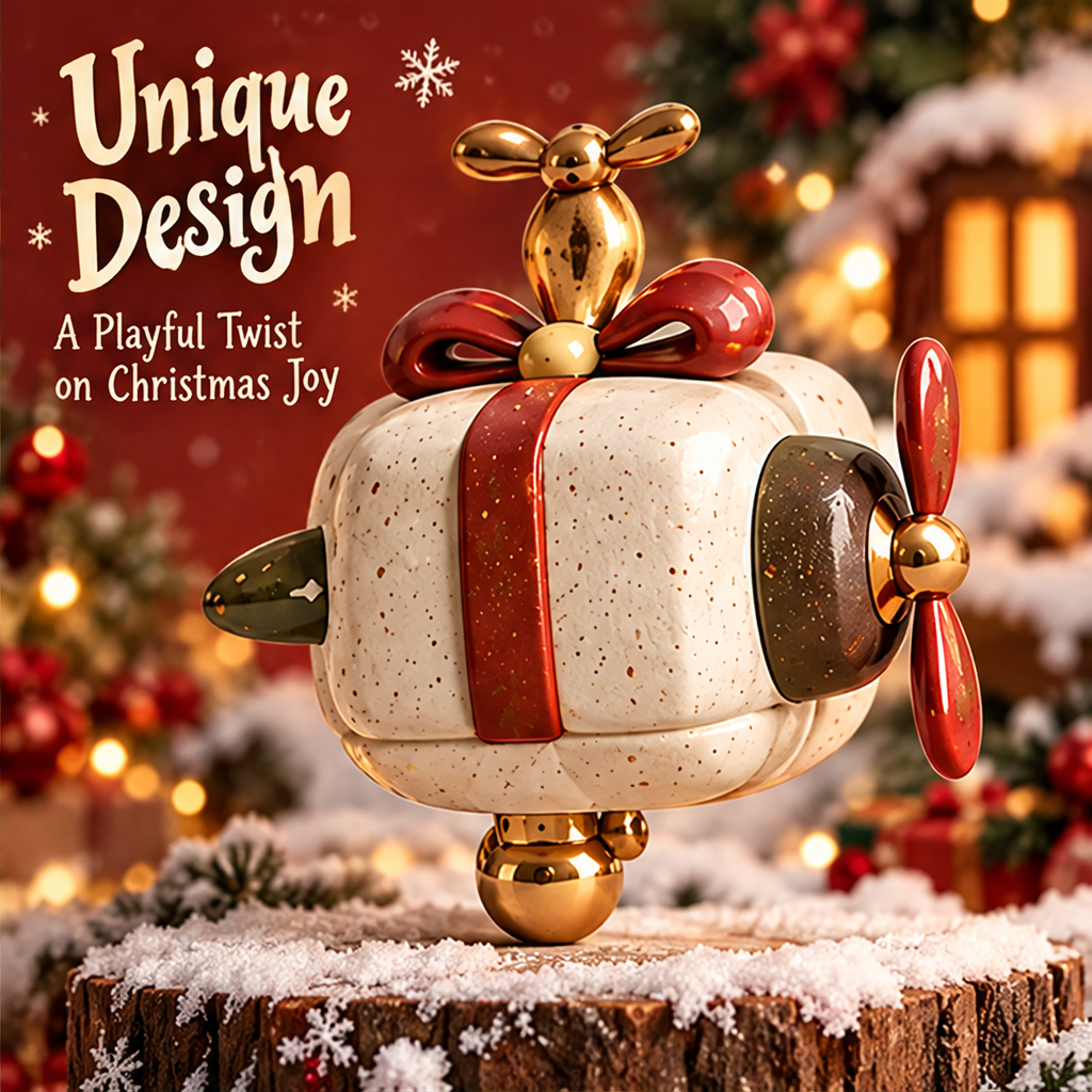 Angled view of the cream Christmas helicopter decoration showing red rotor details, a red ribbon and gold-tone top rotor.