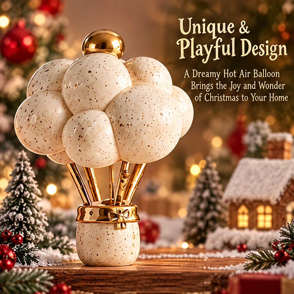 Cream and gold-tone hot air balloon decoration styled with wrapped gifts and greenery near a fireplace.
