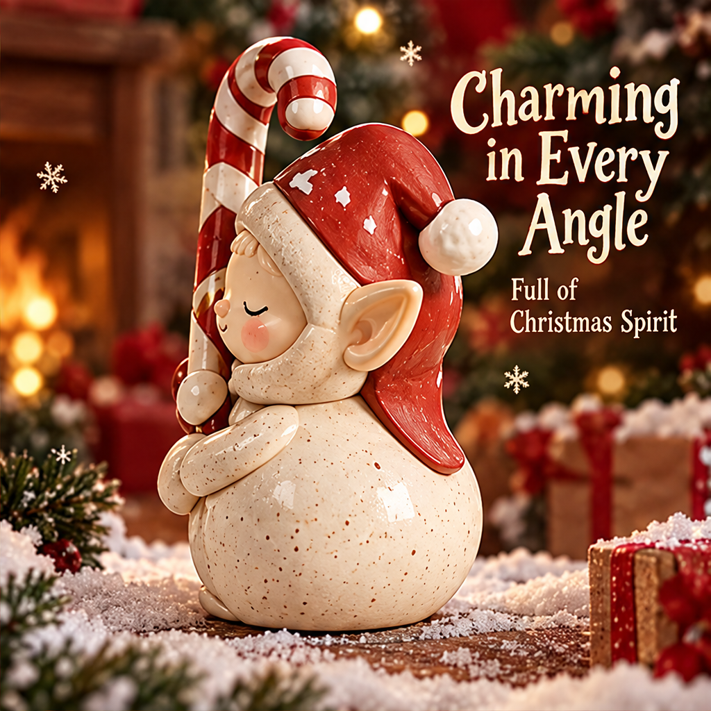 Side view of the Christmas elf showing its pointed ear, red pom-pom hat, rounded cream body and striped candy cane.