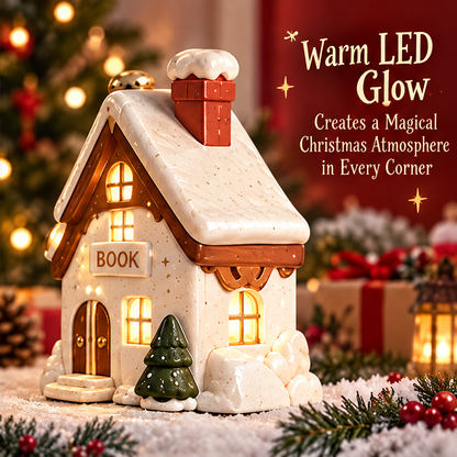 Angled view of the Christmas bookshop decoration showing warm LED window light, snowy roof and red chimney.